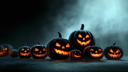 A group of spooky pumpkins with glowing eyes and faces made from shells, with smoke coming out of the top against a dark background, a banner design, a Halloween concept - Powered by Adobe
