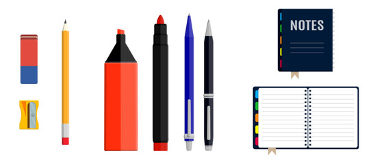 Set of office and school supplies with notebook, marker, pen, pencil, eraser, and sharpener. Flat design elements for education concept.