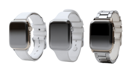 Three smartwatches, each with a white band, presented in a horizontal arrangement. The first watch features a white silicone band. The second has the same band. The third sports a metal band.