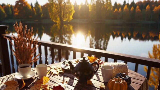 Wooden table on terrace with cups, teapot, pumpkins and autumn leaves by tranquil lake with yellow trees. Seasonal change. catering, home decor