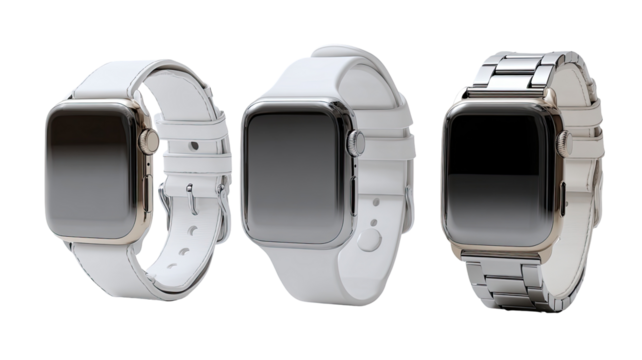 Three smartwatches, each with a white band, presented in a horizontal arrangement. The first watch features a white silicone band. The second has the same band. The third sports a metal band.
