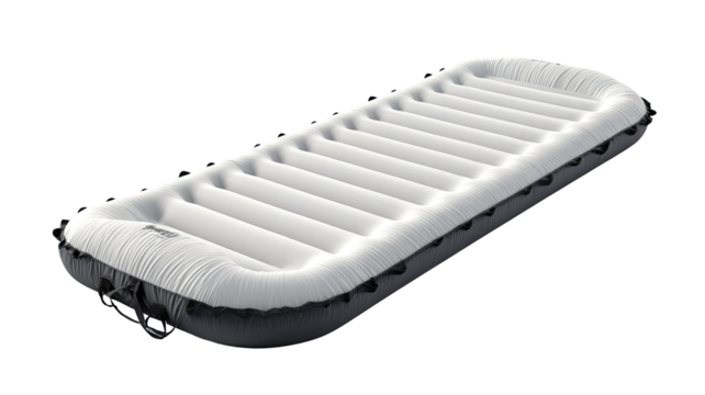 Inflatable raft, white and dark gray.  Rectangular, ribbed,  with compartments.  Ideal for outdoor use