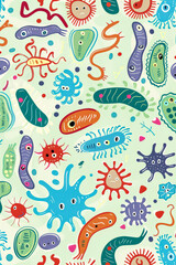 Colorful drawing of various bacteria and viruses