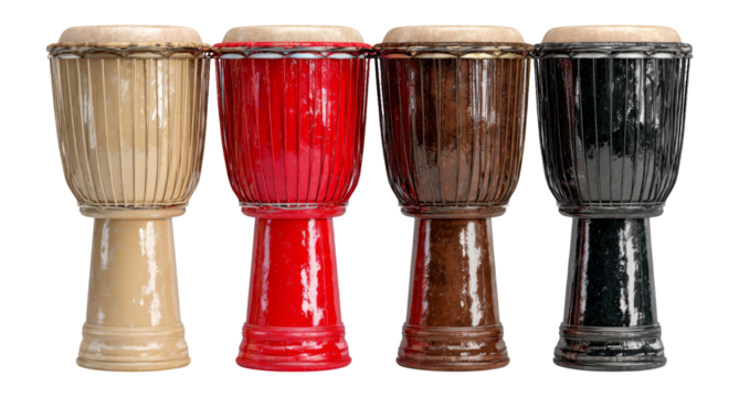 Four Colorful Drum Instruments Set Isolated on Transparent Background