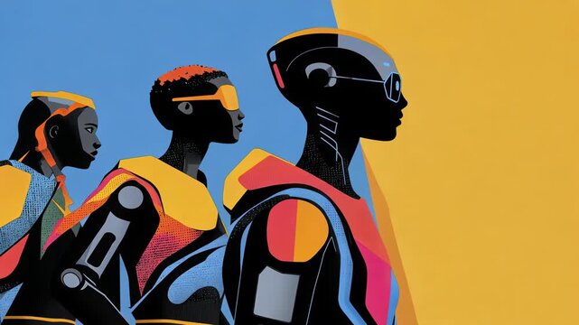 Futuristic trio of diverse figures against a vibrant backdrop