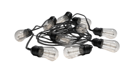 A pile of small, vintage-style light bulbs, connected by a black cord.  They are clustered together, with the glass bulbs appearing translucent