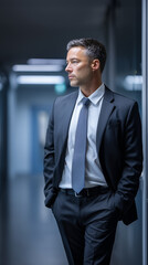 Thoughtful Businessman In Suit Stands In Modern Office Hallway Looking Away