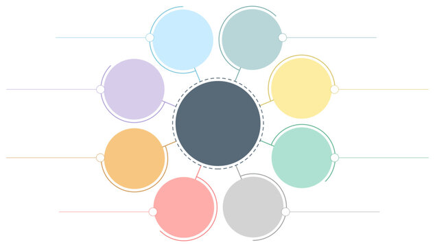 Colorful circular 8-step vector template for infographic and diagram use. Flat minimal style with pastel segments around central circle. Editable outline design on transparent background