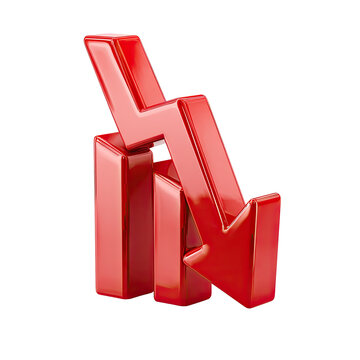 Red downward arrow over decreasing bar graph, indicating a decline or drop