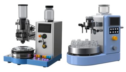 Automatic bottle labelling machine on transparent background, cutout