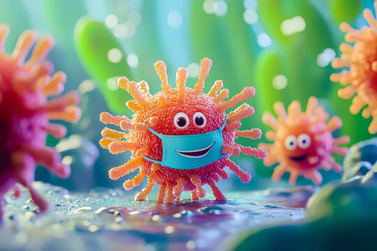 Cartoonish orange and blue virus with a blue face mask on it