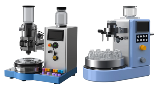 Automatic bottle labelling machine on transparent background, cutout