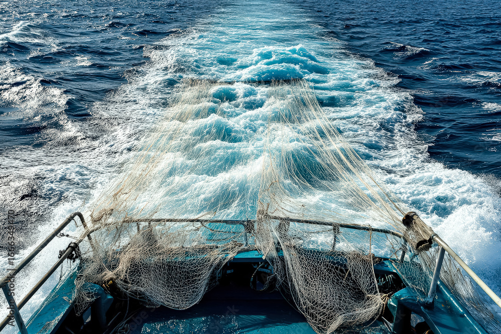 Poster boat is sailing in the ocean with a large net hanging from the side