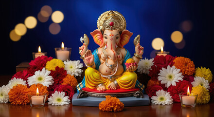 Fototapeta premium Ganesh Idol Surrounded by Bright Flowers and Diyas with Festive Blue Background for Chaturthi