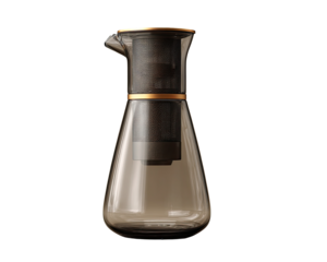 Clear glass teapot with dark filter and gold accents