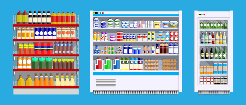 Supermarket shelving and refrigerators full of groceries. Store retail concept with food and drink product display. Flat style illustration.