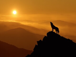 Majestic Wolf at Mountain Zenith: Golden Sunset Silhouette on Rugged Summit
