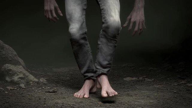 sinister halloween zombie with glowing green eyes and bony hands stretched forward on dark background