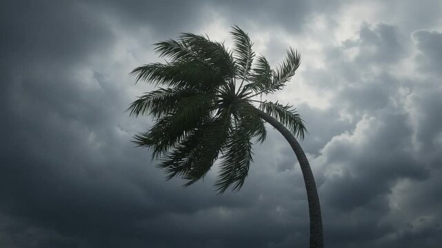 Palm tree bending in strong storm wind against dark cloudy sky, dramatic natural disaster scene, hurricane or typhoon weather 4K video