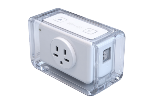 Small, white, rectangular smart plug encased in clear plastic.  Buttons and a power outlet are visible