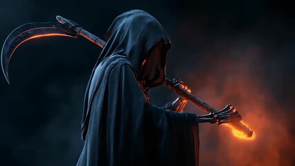 sinister halloween death in a black robe with glowing eyes is covered with a scythe which he holds in his hands on a dark background