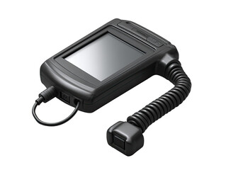 Dark gray handheld device with flexible arm.  Compact, rectangular form with screen and various ports.  Angled view