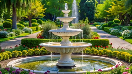 Tiered fountain in a beautiful manicured garden