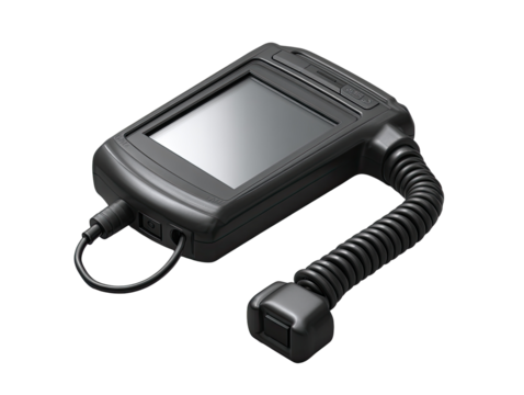 Dark gray handheld device with flexible arm.  Compact, rectangular form with screen and various ports.  Angled view