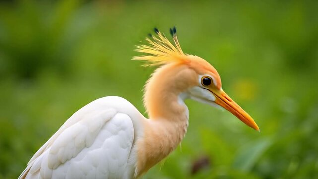 Stunning Close-Up of a Cattle Egret in 4K Video Capturing its Orange Crown, Yellow Beak, and Dark Eye Against a Vibrant Green Backdrop