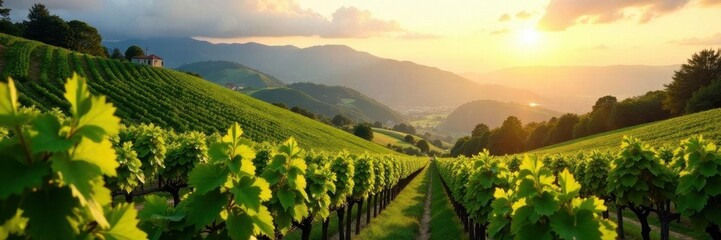 Sun-drenched vineyard rows climb hillside, mountain backdrop , image, autumn, daytime