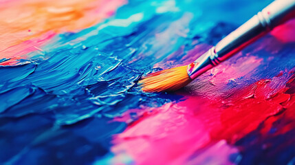 Brush Painting Vibrant Colors on Canvas in a Studio Environment