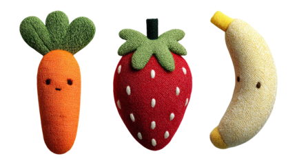Cute and Soft Vegetable and Fruit Toys on Transparent Background