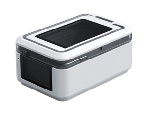 White rectangular device with compartments and a dark panel.  Compact, modern design with raised edges.  Possible use for data entry, storage, or processing