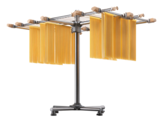 Metal drying rack holds strands of pasta