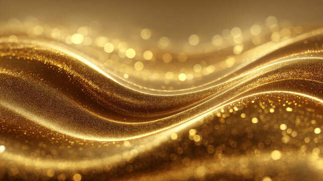 Golden abstract background with shimmering waves, grainy texture, and festive bokeh effect, suitable for holiday design and luxury concepts