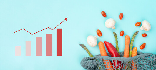 Grocery shopping, buying fresh vegetables, increase food prices, high expensive living costs and inflation, tomatoes,  asparagus, mushrooms and carrots in a net