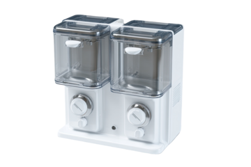 Two-compartment, white appliance with clear lids.  Compact, modern design.  Possible food storage or dispensing