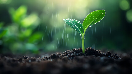Young plant sprout growing in moist soil with water drops falling on it, symbolizing growth and renewal in nature, with blurred green background and sunlight shining through