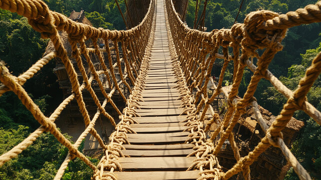 Fototapeta Exploring a Scenic Rope Bridge Over Lush Jungle Landscape in Nature Photography