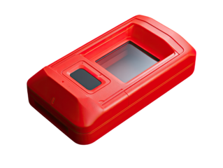 Red, rectangular device with a window