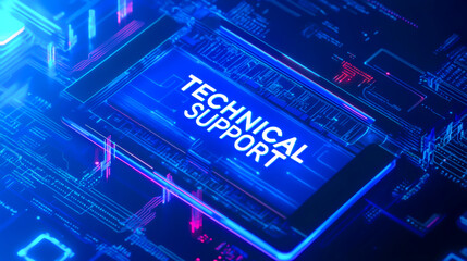 Technical support icon on a virtual screen with the text TECHNICAL SUPPORT in a blue background