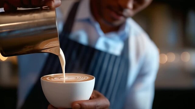 Barista expertly pouring steamed milk to create latte art