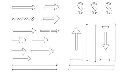 CAD style line drawing of architectural symbols including arrows, section marks, and dimension lines for technical drafting, engineering drawings, and construction design plans