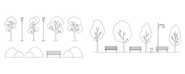 Minimalistic outline vector illustration of park elements including trees, shrubs, benches, and street lamps, clean architectural CAD style line drawing for landscape design and urban planning