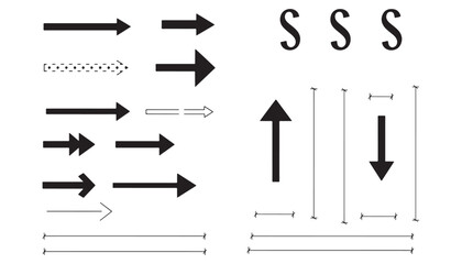 Silhouette vector illustration of CAD-style architectural symbols including arrows, section marks, and dimension lines in clean minimal outline drawing for technical drawings and construction plans