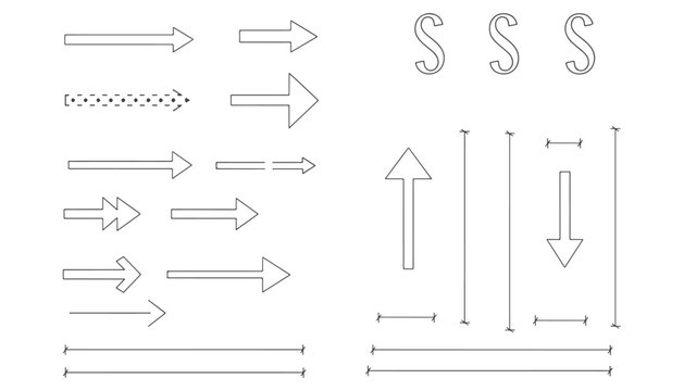 CAD style line drawing of architectural symbols including arrows, section marks, and dimension lines for technical drafting, engineering drawings, and construction design plans