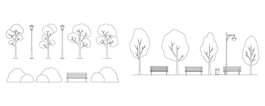 Minimalistic outline vector illustration of park elements including trees, shrubs, benches, and street lamps, clean architectural CAD style line drawing for landscape design and urban planning - Powered by Adobe