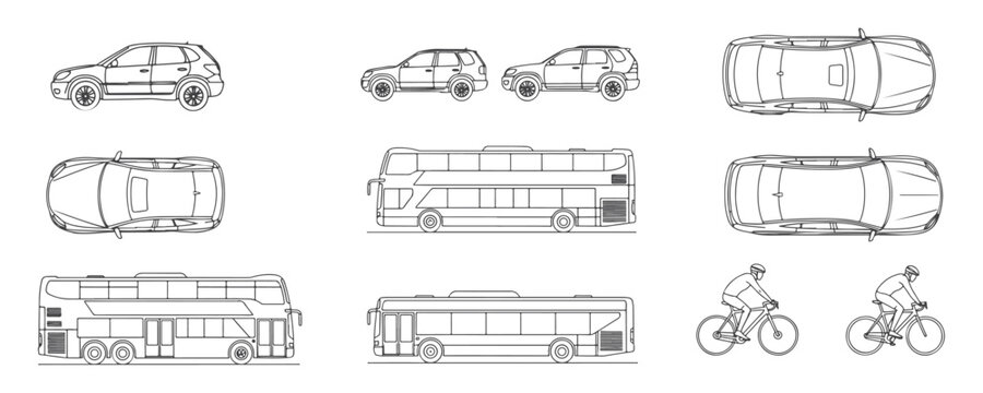 Minimalist outline vector illustration of vehicles including cars, buses, and bicycles in CAD style outline drawing with top and side views for transportation and city planning design