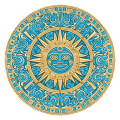 Naklejka premium Aztec Sun Symbol: A captivating display of an Aztec sun symbol in striking blue and gold, intricately designed with cultural and symbolic significance.