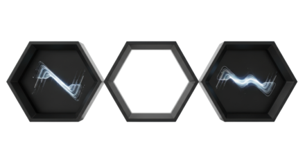 Three identical, sleek, modern hexagonal frames with futuristic blue-white glow on transparent studio background, crisp high-key lighting, advanced display technology concept